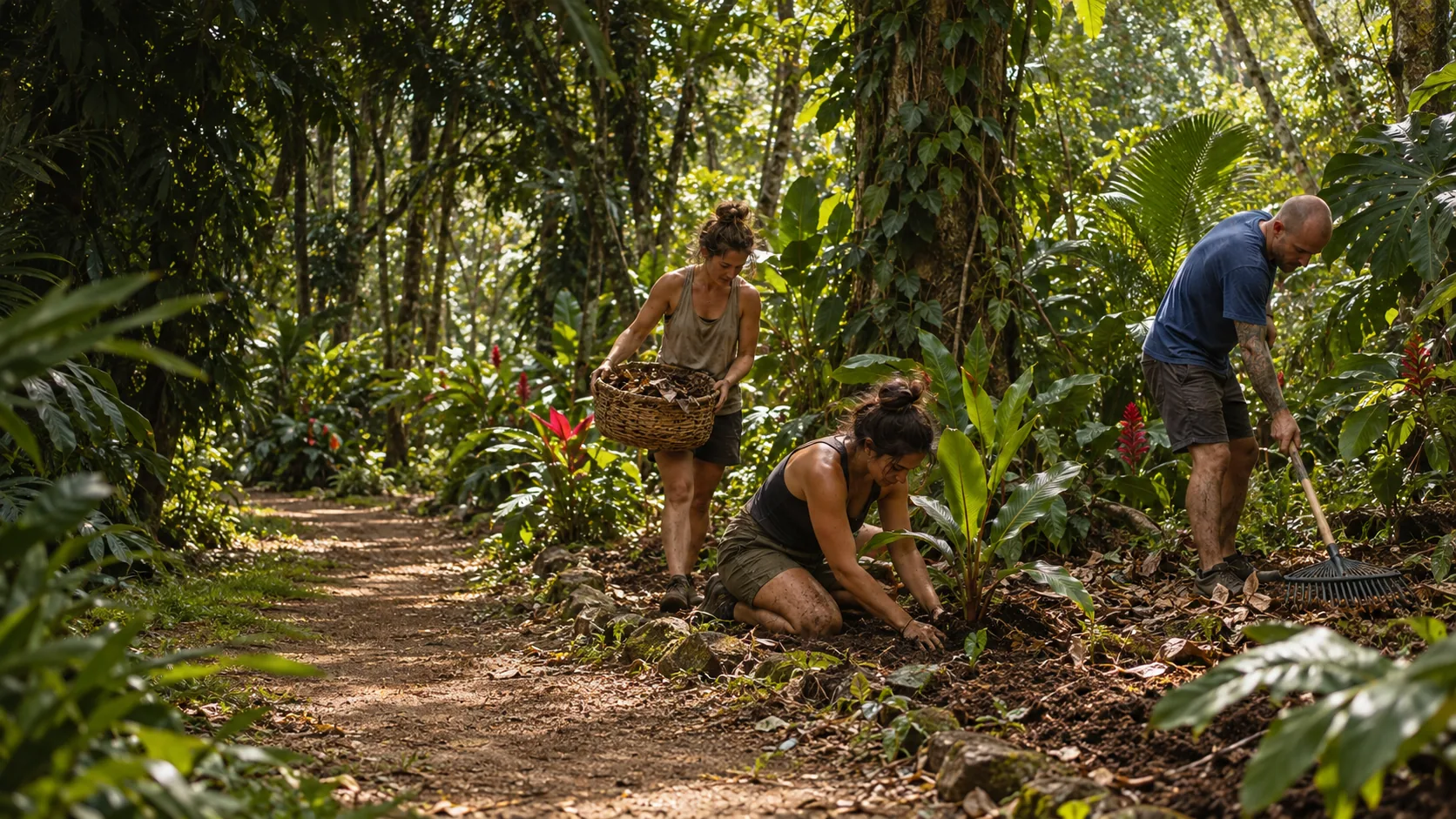 Crew clearing and planting along a jungle path at Awake