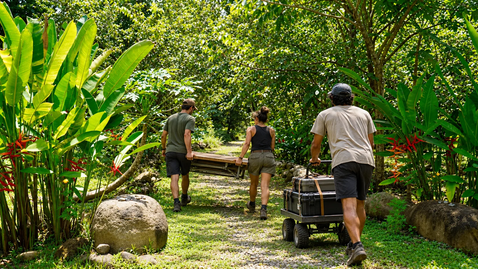 Crew carrying a bench and hauling gear carts along a garden path
